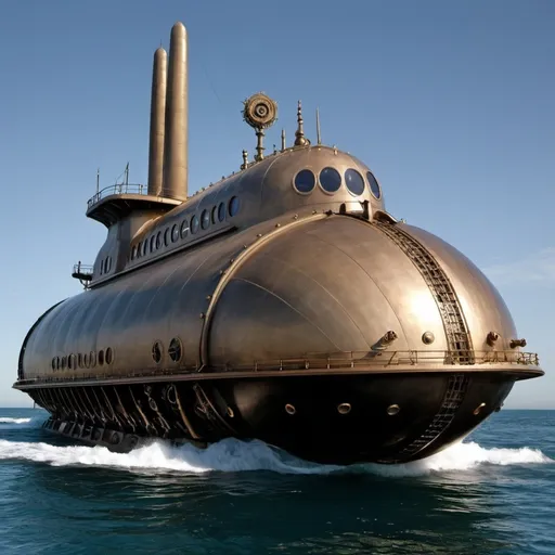 Prompt: In Alan Moore's "The League of Extraordinary Gentlemen" series, the Nautilus is described as an impressive and formidable vessel. Here’s a physical description based on the literary portrayal:

The Nautilus is an advanced submarine designed by Captain Nemo, a brilliant and enigmatic character in Jules Verne’s novel "Twenty Thousand Leagues Under the Sea." In Moore's series, the Nautilus retains its iconic appearance:

Size and Shape: It is a large, streamlined submarine, suggesting it is sleek and powerful, built for both speed and endurance underwater.

Exterior Features: The hull is likely made of strong metal, possibly steel, reinforced to withstand the pressures of deep-sea exploration. It may feature rivets and hatches typical of submarines from the late 19th century.

Gothic Influence: Alan Moore often incorporates gothic and Victorian elements into his designs. Thus, the Nautilus might have ornate detailing, combining advanced technology with Victorian aesthetics.

Propulsion: In line with Verne's original concept, the Nautilus is powered by advanced machinery, possibly electrically driven, reflecting Nemo's scientific prowess.

Interior: Inside, the Nautilus is described as a labyrinthine world of chambers and corridors, housing advanced laboratories, living quarters, and a vast library. The interior decor may blend Victorian opulence with the practicality of a submarine environment.

Overall, Moore's depiction of the Nautilus respects the essence of Jules Verne's creation while adding a darker, more complex layer befitting the themes of "The League of Extraordinary Gentlemen" series.