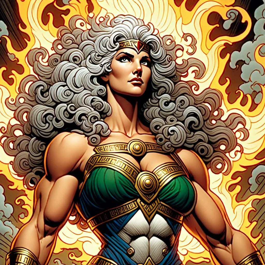 Prompt: <mymodel>PROMETHEA, GODDESS, CURLY SILVER HAIR, MIDDLE AGED, STOCKY, MUSCULAR ARMS