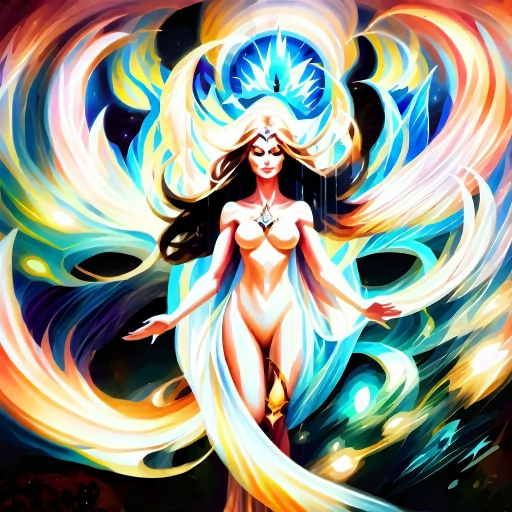 Prompt: Promethea, the goddess with her striking appearance and powerful presence, embodies a combination of beauty, strength, and magic. With her flowing red, gold, silver, and white robes inspired by iconic figures like Medusa and Wonder Woman, she exudes a regal aura. Her muscular arms and wide physique suggest both physical prowess and divine grace, while her staff, burning with purple, blue, and yellow fire, symbolizes her mystical abilities. Promethea represents a captivating mix of femininity and might, a true symbol of myth and wonder.