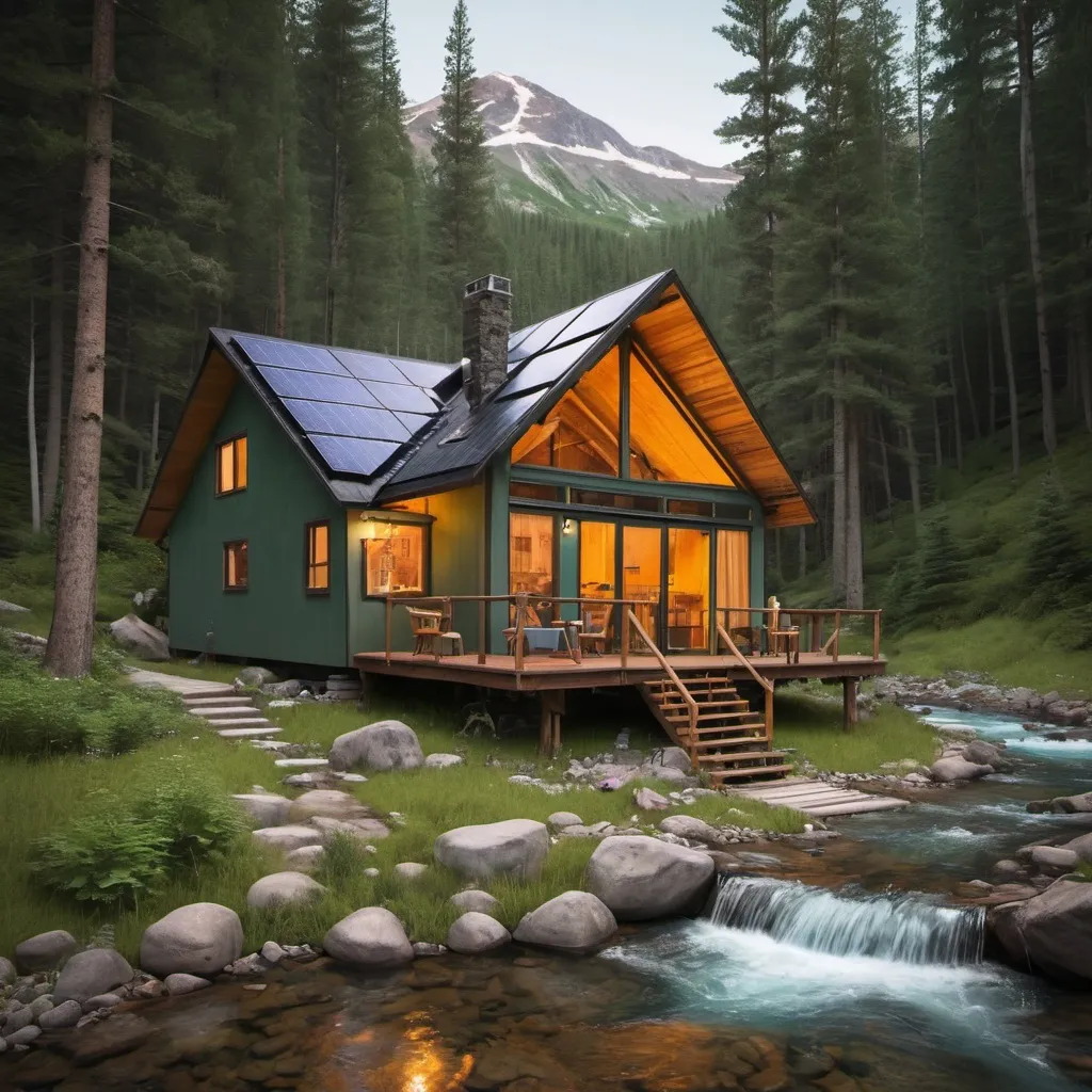 Prompt: RETRO SOLARPUNK OPEN CONCEPT CABIN BY A MOUNTAIN STREAM