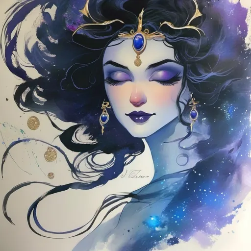 Prompt: Promethea, the magic goddess, is a stunningly beautiful being with a physique that exudes power and elegance. She stands tall at around 5'9" with a lithe yet athletic build, her curves honed from centuries of wielding her magical abilities. Her skin is a radiant porcelain-like complexion with a subtle shimmer, as if infused with the essence of the stars. Her raven-black hair cascades down her back like a waterfall of night, with subtle hints of purple and indigo that seem to shift and change color depending on the light. Her eyes burn with an inner fire, blazing like two sapphires that sparkle with an otherworldly intensity. Her features are chiseled and refined, with high cheekbones, a small nose, and lips that curve into a perpetual enigmatic smile. A delicate filigree of silver and gold adorns her ears, wrists, and throat, pulsing with a soft blue glow that seems to reflect the rhythm of the cosmos. As she moves, her very presence seems to command attention, as if the air itself responds to her magic.
