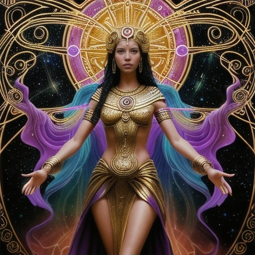 Prompt: Create a stunning, otherworldly depiction of Promethea, a divine, ethereal figure from the mystical realm of imagination. She stands tall, her flowing, radiant gown infused with the colors of a cosmic sunset—deep purples, golds, and fiery reds—shimmering with arcane symbols and celestial patterns. Her eyes glow with the wisdom of ancient gods, and in her hand, she holds a golden caduceus, representing knowledge and magic. Surrounding her is a swirling tapestry of mythical creatures, abstract patterns, and elements from various mythologies—Greek, Egyptian, and beyond—interweaving with the stars and planets of a boundless sky. The background should blend modern cityscapes with the dreamlike world of the Immateria, with bridges of light connecting them. Everything should feel like a fusion of magic and modernity, radiating power, wonder, and mystery."

This captures the essence of Promethea, blending mythology with the infinite imagination and dreamlike qualities central to the story.