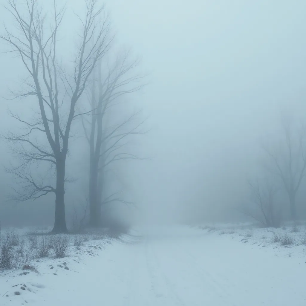 Prompt: a GHOSTLY WHISPY impenetrable WHITE LOW GRAY FOG NOTHINGNESS THE PALE ABANDONED