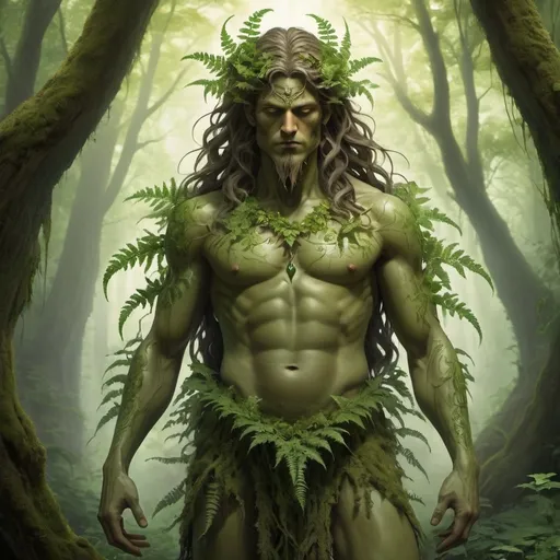 Prompt: Feth, the Tanith forest god, is depicted as a towering figure with skin the color of rich earth, often described as a deep, mossy green. His stature is imposing yet graceful, his body adorned with intricate patterns resembling winding vines and leaves that seem to grow directly from his skin.

His eyes, a striking contrast to his verdant complexion, are a piercing amber that glows with an otherworldly light, reflecting the wisdom and ancient power he embodies. Feth's hair, if one can call it that, is a cascade of delicate fern fronds that sway gently with his movements, blending seamlessly with the dense foliage of his domain.

Feth's presence is often accompanied by the scent of damp earth and fresh leaves, evoking the essence of the forest itself. He moves with a fluidity that suggests a deep connection to the natural world, his every gesture echoing the cycles of growth and decay that define his realm.

Overall, Feth embodies the primal beauty and raw power of nature, a guardian and embodiment of the Tanith forest's mysteries and vitality.