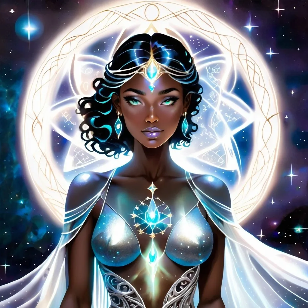 Prompt: What a breathtaking depiction of Promethea, Goddess of Magic! The scene exudes an otherworldly aura, with the translucent fabric on her shoulders and shimmering MOONLIGHT on her DARK skin creating an ethereal glow. The silver patterns on her skin resemble cosmic symbols, hinting at her divine connection to the universe. The CADUESUS-shaped staff, illuminated by mystical light, adds to her regal presence. The stars woven into her hair and the soft, flowing pose only enhance the sense of Enchantment, as if she's stepping out of a celestial realm.