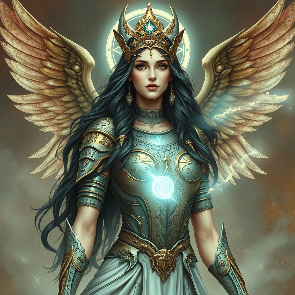 Prompt: Promethea is the embodiment of the imagination, myth, and storytelling. She is a concept and force that exists across different times, taking on various forms through different individuals who become her host.  Promethea is often depicted as a powerful, divine figure with a mythological and ethereal aesthetic. She wears armor-like attire, often adorned with intricate designs and symbols, embodying the mysticism and imagination she represents.