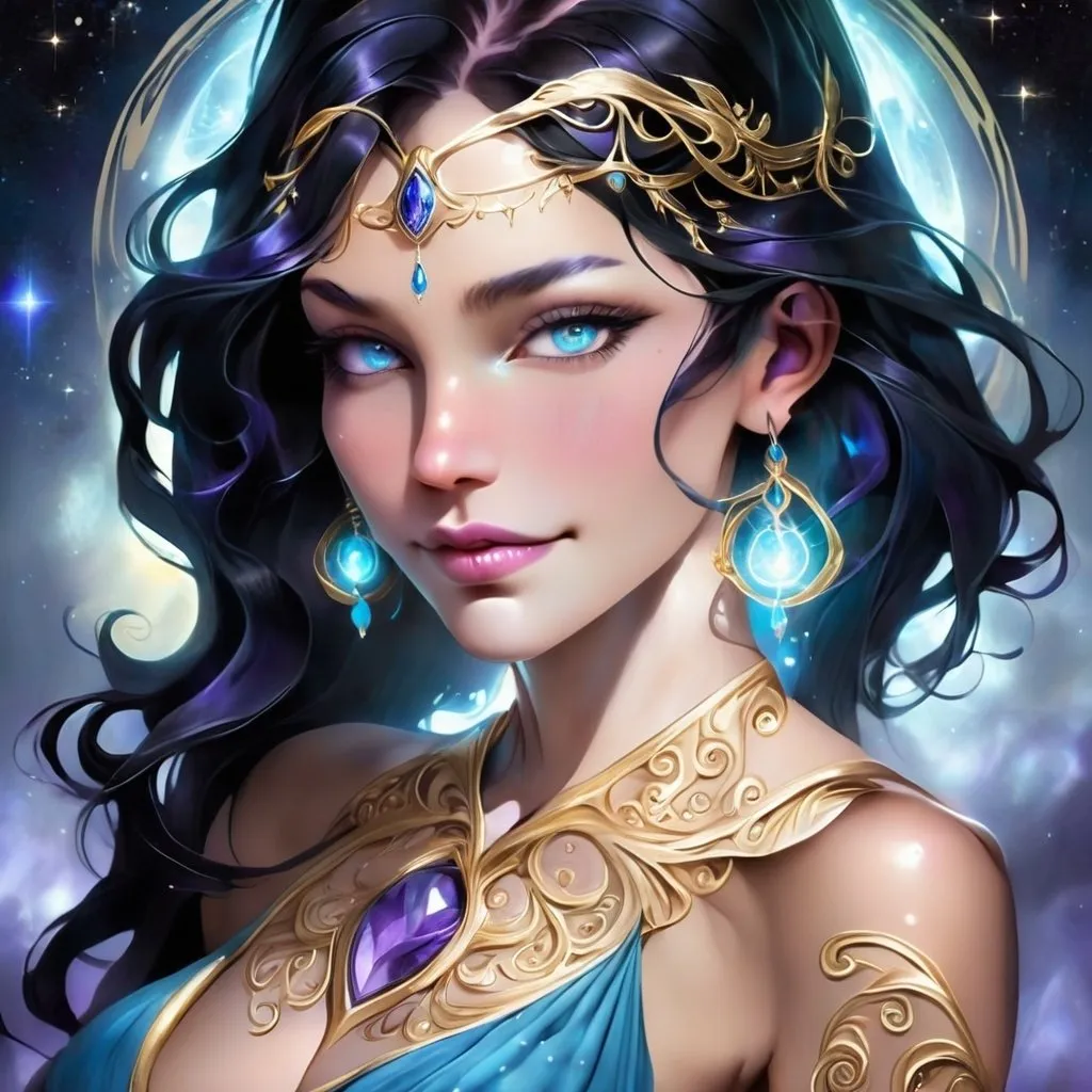 Prompt: Promethea, the magic goddess, is a stunningly beautiful being with a physique that exudes power and elegance. She stands tall at around 5'9" with a lithe yet athletic build, her curves honed from centuries of wielding her magical abilities. Her skin is a radiant porcelain-like complexion with a subtle shimmer, as if infused with the essence of the stars. Her raven-black hair cascades down her back like a waterfall of night, with subtle hints of purple and indigo that seem to shift and change color depending on the light. Her eyes burn with an inner fire, blazing like two sapphires that sparkle with an otherworldly intensity. Her features are chiseled and refined, with high cheekbones, a small nose, and lips that curve into a perpetual enigmatic smile. A delicate filigree of silver and gold adorns her ears, wrists, and throat, pulsing with a soft blue glow that seems to reflect the rhythm of the cosmos. As she moves, her very presence seems to command attention, as if the air itself responds to her magic.
