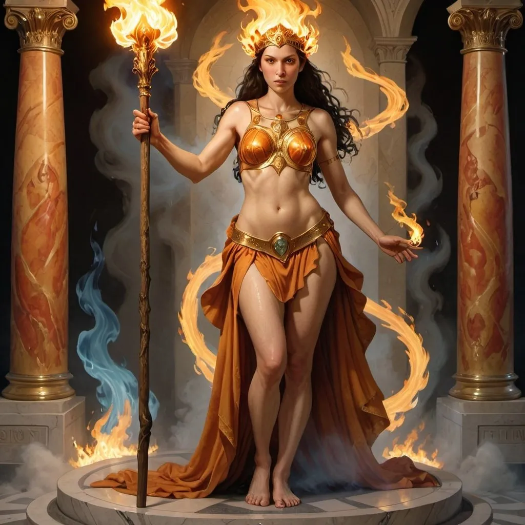 Prompt: FULL BODY, HYPER REALISTIC, PROMETHEA, GODDESS, MAGIC, ART, FIRE, LANGUAGE, BORDERS, PSYCHOPOMP, INSPIRATION, IMAGINATION, DIVINE, FEMALE, POWER, HOLDING A STAFF TOPPED WITH A FLAMING CADEUSUS