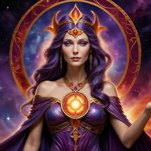 Prompt: Create a stunning, otherworldly depiction of Promethea, a divine, ethereal figure from the mystical realm of imagination. She stands tall, her flowing, radiant gown infused with the colors of a cosmic sunset—deep purples, golds, and fiery reds—shimmering with arcane symbols and celestial patterns. Her eyes glow with the wisdom of ancient gods, and in her hand, she holds a golden caduceus, representing knowledge and magic. Surrounding her is a swirling tapestry of mythical creatures, abstract patterns, and elements from various mythologies—Greek, Egyptian, and beyond—interweaving with the stars and planets of a boundless sky. The background should blend modern cityscapes with the dreamlike world of the Immateria, with bridges of light connecting them. Everything should feel like a fusion of magic and modernity, radiating power, wonder, and mystery."

This captures the essence of Promethea, blending mythology with the infinite imagination and dreamlike qualities central to the story.