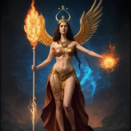 Prompt: FULL BODY, HYPER REALISTIC, PROMETHEA, GODDESS, MAGIC, ART, FIRE, LANGUAGE, BORDERS, PSYCHOPOMP, INSPIRATION, IMAGINATION, DIVINE, FEMALE, POWER, HOLDING A STAFF TOPPED WITH A FLAMING CADEUSUS