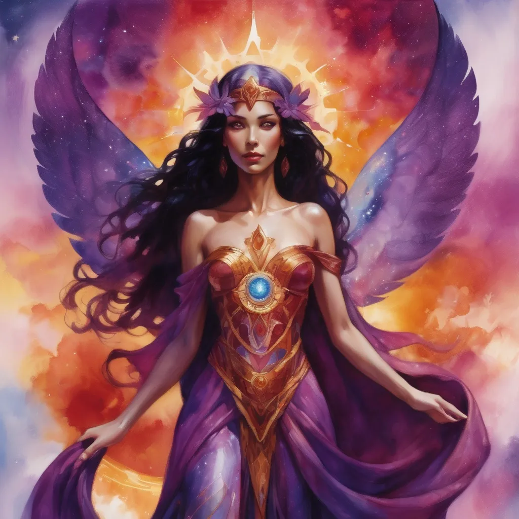 Prompt: Create a stunning, otherworldly depiction of Promethea, a divine, ethereal figure from the mystical realm of imagination. She stands tall, her flowing, radiant gown infused with the colors of a cosmic sunset—deep purples, golds, and fiery reds—shimmering with arcane symbols and celestial patterns. Her eyes glow with the wisdom of ancient gods, and in her hand, she holds a golden caduceus, representing knowledge and magic. Surrounding her is a swirling tapestry of mythical creatures, abstract patterns, and elements from various mythologies—Greek, Egyptian, and beyond—interweaving with the stars and planets of a boundless sky. The background should blend modern cityscapes with the dreamlike world of the Immateria, with bridges of light connecting them. Everything should feel like a fusion of magic and modernity, radiating power, wonder, and mystery."

This captures the essence of Promethea, blending mythology with the infinite imagination and dreamlike qualities central to the story.