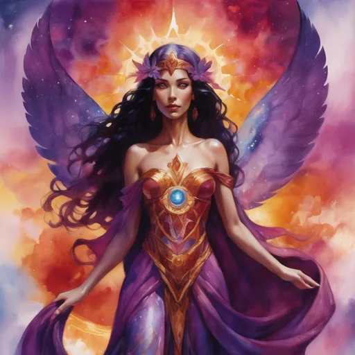 Prompt: Create a stunning, otherworldly depiction of Promethea, a divine, ethereal figure from the mystical realm of imagination. She stands tall, her flowing, radiant gown infused with the colors of a cosmic sunset—deep purples, golds, and fiery reds—shimmering with arcane symbols and celestial patterns. Her eyes glow with the wisdom of ancient gods, and in her hand, she holds a golden caduceus, representing knowledge and magic. Surrounding her is a swirling tapestry of mythical creatures, abstract patterns, and elements from various mythologies—Greek, Egyptian, and beyond—interweaving with the stars and planets of a boundless sky. The background should blend modern cityscapes with the dreamlike world of the Immateria, with bridges of light connecting them. Everything should feel like a fusion of magic and modernity, radiating power, wonder, and mystery."

This captures the essence of Promethea, blending mythology with the infinite imagination and dreamlike qualities central to the story.