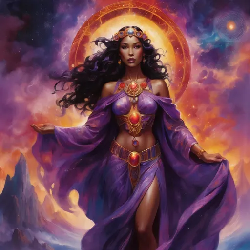 Prompt: Create a stunning, otherworldly depiction of Promethea, a divine, ethereal figure from the mystical realm of imagination. She stands tall, her flowing, radiant gown infused with the colors of a cosmic sunset—deep purples, golds, and fiery reds—shimmering with arcane symbols and celestial patterns. Her eyes glow with the wisdom of ancient gods, and in her hand, she holds a golden caduceus, representing knowledge and magic. Surrounding her is a swirling tapestry of mythical creatures, abstract patterns, and elements from various mythologies—Greek, Egyptian, and beyond—interweaving with the stars and planets of a boundless sky. The background should blend modern cityscapes with the dreamlike world of the Immateria, with bridges of light connecting them. Everything should feel like a fusion of magic and modernity, radiating power, wonder, and mystery."

This captures the essence of Promethea, blending mythology with the infinite imagination and dreamlike qualities central to the story.