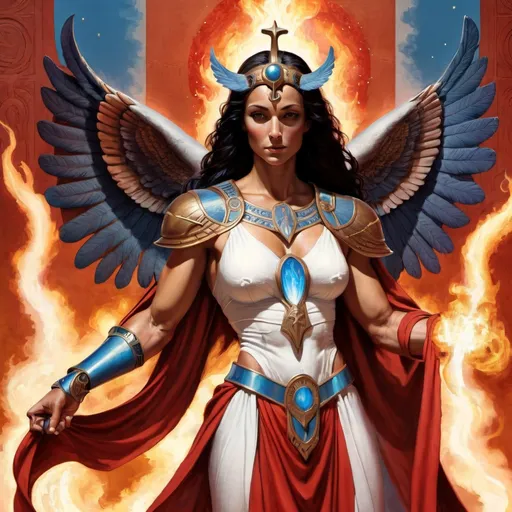Prompt: PROMETHEA HEAVY THICK MUSCULAR ARMS in WHITE LINEN WITH BLUE TRIM AND RED ROBES and BRONZE ARMOR HOLDING A CADEUSUS BURNING WITH HOLY FIRE, wings, stars, fantasy, Egyptian art, GODDESS, ART, FIRE, WATER, AQUARIUS, ARIES, LANGUAGE, COMMUNICATION, BORDERS, INSPIRATION, MAGIC, FEMALE, POWER, STRONG