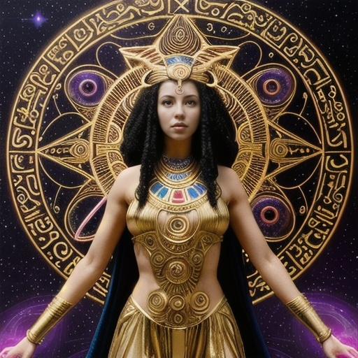 Prompt: Create a stunning, otherworldly depiction of Promethea, a divine, ethereal figure from the mystical realm of imagination. She stands tall, her flowing, radiant gown infused with the colors of a cosmic sunset—deep purples, golds, and fiery reds—shimmering with arcane symbols and celestial patterns. Her eyes glow with the wisdom of ancient gods, and in her hand, she holds a golden caduceus, representing knowledge and magic. Surrounding her is a swirling tapestry of mythical creatures, abstract patterns, and elements from various mythologies—Greek, Egyptian, and beyond—interweaving with the stars and planets of a boundless sky. The background should blend modern cityscapes with the dreamlike world of the Immateria, with bridges of light connecting them. Everything should feel like a fusion of magic and modernity, radiating power, wonder, and mystery."

This captures the essence of Promethea, blending mythology with the infinite imagination and dreamlike qualities central to the story.