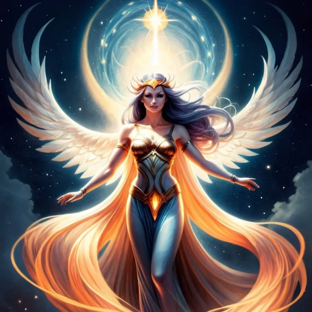 Prompt: Promethea, the goddess with her striking appearance and powerful presence, embodies a combination of beauty, strength, and magic. With her flowing red, gold, silver, and white robes inspired by iconic figures like Medusa and Wonder Woman, she exudes a regal aura. Her muscular arms and wide physique suggest both physical prowess and divine grace, while her staff, burning with purple, blue, and yellow fire, symbolizes her mystical abilities. Promethea represents a captivating mix of femininity and might, a true symbol of myth and wonder.