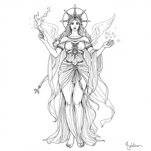 Prompt: line drawing of Promethea the Goddess of Magic