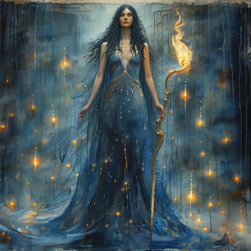 Prompt: The painting portrays a dreamy, wet-on-wet watercolor scene, using minimal paints and soft, fluid strokes to create a hazy, impressionistic composition. Promethea, the Goddess of Magic, stands tall and regal, her presence exuding divine power and mystical energy. She holds a flaming staff in her left hand, its fiery tendrils spiraling upward, casting an ethereal light that dances around her. The staff’s base is adorned with ancient runes, glowing softly in harmony with the flame. In her right hand, she wields a magnificent sword, a blend of silver and gold, its blade shimmering with an otherworldly glow. The sword’s hilt is intricately designed with celestial symbols, reflecting the dual nature of magic and power.

Her eyes glow with the intensity of arcane wisdom, her long flowing hair seeming to move with an unseen breeze, as though charged with magical energy. Promethea's robes are a deep, midnight blue with accents of silver and gold, swirling in patterns that mimic the cosmos. Around her, faint magical sigils hover in the air, and the ground beneath her glows softly as if enchanted by her mere presence. The entire scene feels alive with the force of magic, a combination of elegance, strength, and mystery.