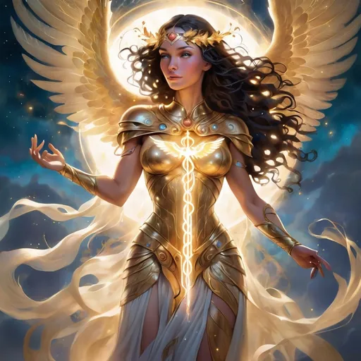 Prompt: Certainly! Here’s a more lyrical version:

---

**Promethea** is the living breath of imagination, myth, and story—a force transcending time, weaving through the lives of those chosen to carry her essence. She is divine power incarnate, draped in the ethereal beauty of myth. Her form is clothed in armor that seems to dance with intricate designs and symbols, each line a whisper of ancient mysticism and infinite creativity.

In her hands, she cradles a radiant **caduceus**—a tall, golden staff that blazes with an otherworldly light. At its peak, wings of pure, glowing luminescence unfurl, quivering as if on the brink of flight, ready to soar into the unknown.

Promethea’s expression is a serene symphony of calm and power, her gaze locked onto the caduceus as though drawing from it the deepest wells of wisdom and strength. She stands in a sea of shadow, the caduceus and her luminous presence the only beacons of light. A golden aura envelops her, pushing back the dark, casting her as the radiant heart of this mystical, dreamlike scene.