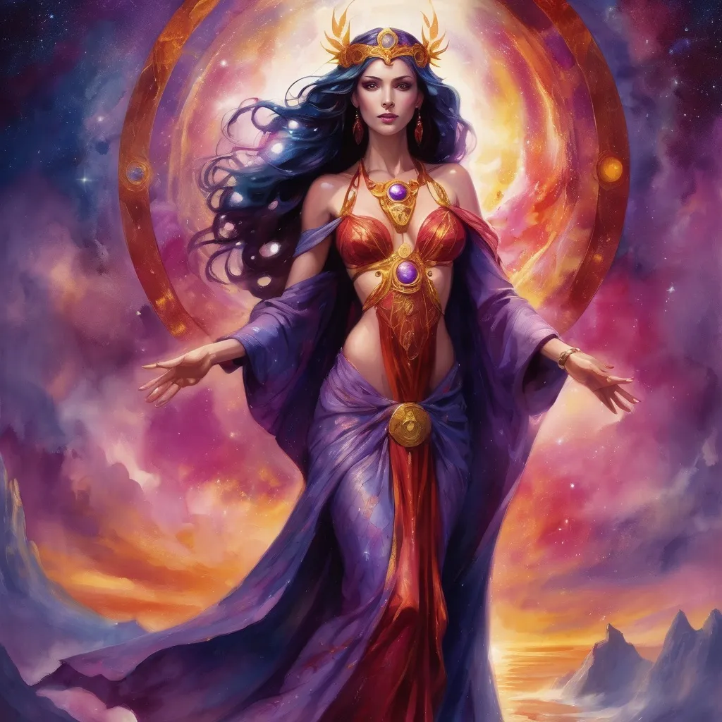 Prompt: Create a stunning, otherworldly depiction of Promethea, a divine, ethereal figure from the mystical realm of imagination. She stands tall, her flowing, radiant gown infused with the colors of a cosmic sunset—deep purples, golds, and fiery reds—shimmering with arcane symbols and celestial patterns. Her eyes glow with the wisdom of ancient gods, and in her hand, she holds a golden caduceus, representing knowledge and magic. Surrounding her is a swirling tapestry of mythical creatures, abstract patterns, and elements from various mythologies—Greek, Egyptian, and beyond—interweaving with the stars and planets of a boundless sky. The background should blend modern cityscapes with the dreamlike world of the Immateria, with bridges of light connecting them. Everything should feel like a fusion of magic and modernity, radiating power, wonder, and mystery."

This captures the essence of Promethea, blending mythology with the infinite imagination and dreamlike qualities central to the story.