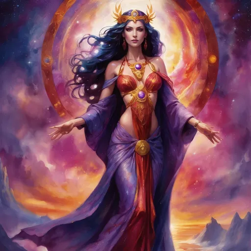 Prompt: Create a stunning, otherworldly depiction of Promethea, a divine, ethereal figure from the mystical realm of imagination. She stands tall, her flowing, radiant gown infused with the colors of a cosmic sunset—deep purples, golds, and fiery reds—shimmering with arcane symbols and celestial patterns. Her eyes glow with the wisdom of ancient gods, and in her hand, she holds a golden caduceus, representing knowledge and magic. Surrounding her is a swirling tapestry of mythical creatures, abstract patterns, and elements from various mythologies—Greek, Egyptian, and beyond—interweaving with the stars and planets of a boundless sky. The background should blend modern cityscapes with the dreamlike world of the Immateria, with bridges of light connecting them. Everything should feel like a fusion of magic and modernity, radiating power, wonder, and mystery."

This captures the essence of Promethea, blending mythology with the infinite imagination and dreamlike qualities central to the story.