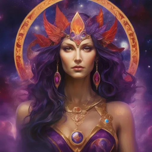 Prompt: Create a stunning, otherworldly depiction of Promethea, a divine, ethereal figure from the mystical realm of imagination. She stands tall, her flowing, radiant gown infused with the colors of a cosmic sunset—deep purples, golds, and fiery reds—shimmering with arcane symbols and celestial patterns. Her eyes glow with the wisdom of ancient gods, and in her hand, she holds a golden caduceus, representing knowledge and magic. Surrounding her is a swirling tapestry of mythical creatures, abstract patterns, and elements from various mythologies—Greek, Egyptian, and beyond—interweaving with the stars and planets of a boundless sky. The background should blend modern cityscapes with the dreamlike world of the Immateria, with bridges of light connecting them. Everything should feel like a fusion of magic and modernity, radiating power, wonder, and mystery."

This captures the essence of Promethea, blending mythology with the infinite imagination and dreamlike qualities central to the story.