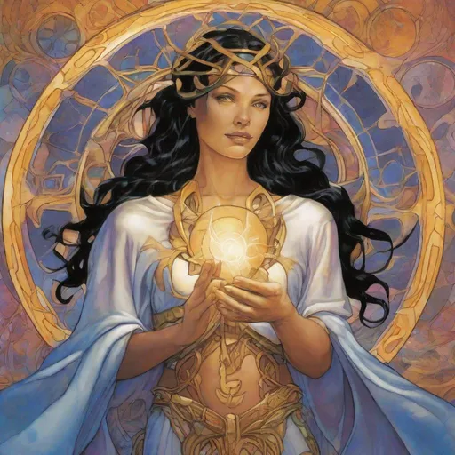 Prompt: PROMETHEA is depicted as a young woman who becomes the living embodiment of the Immateria, an ethereal realm of imagination and creativity. Promethea embodies various aspects of the divine feminine, transforming into different forms throughout the series. She represents the power of imagination and the exploration of the human psyche, as well as embodying concepts such as enlightenment, inspiration, and the potential for transformation.