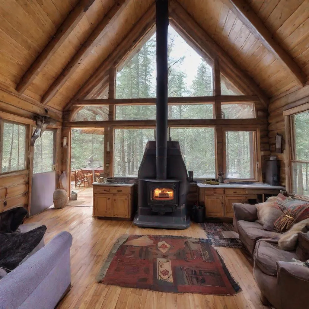 Prompt: large HOBOSTYLE WIDE OPEN CONCEPT CABIN COMMON ROOM AND KITCHEN SMALL WOODSTOVE 