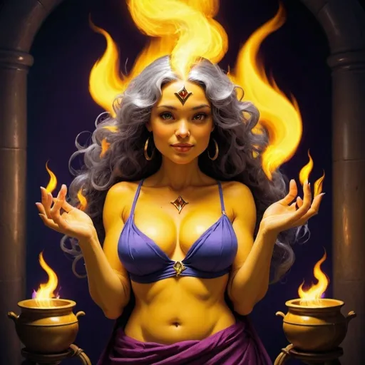 Prompt: PROMETHEA, GODDESS, CURLY SILVER HAIR, MIDDLE AGED, STOCKY, VERY BIG MUSCULAR ARMS, STORT, WIDE SHOULDERS, WIDE WAIST, IRISH, WONDEROUS FLOWING RED ROBES, MODELED ON MONA LISA, MEDUSA, WONDER WOMAN, SHE-HULK, BAT-WOMAN, ISIS, TITANIA, BAT-GIRL, HOLDING A STAFF TOPPED WITH A caduceus BURNING WITH PURPLE, BLUE, AND YELLOW FIRE, CUTE POT BELLY, VERY FEMININE, VERY BEAUTIFUL, MAGIC  

