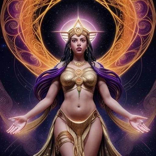 Prompt: Create a stunning, otherworldly depiction of Promethea, a divine, ethereal figure from the mystical realm of imagination. She stands tall, her flowing, radiant gown infused with the colors of a cosmic sunset—deep purples, golds, and fiery reds—shimmering with arcane symbols and celestial patterns. Her eyes glow with the wisdom of ancient gods, and in her hand, she holds a golden caduceus, representing knowledge and magic. Surrounding her is a swirling tapestry of mythical creatures, abstract patterns, and elements from various mythologies—Greek, Egyptian, and beyond—interweaving with the stars and planets of a boundless sky. The background should blend modern cityscapes with the dreamlike world of the Immateria, with bridges of light connecting them. Everything should feel like a fusion of magic and modernity, radiating power, wonder, and mystery."

This captures the essence of Promethea, blending mythology with the infinite imagination and dreamlike qualities central to the story.