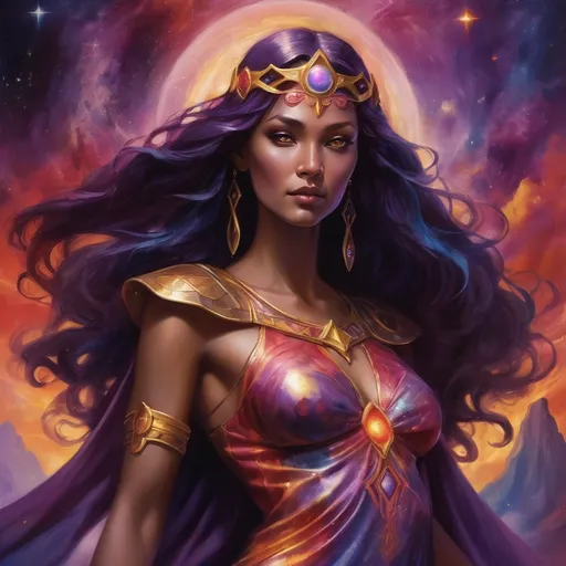 Prompt: Create a stunning, otherworldly depiction of Promethea, a divine, ethereal figure from the mystical realm of imagination. She stands tall, her flowing, radiant gown infused with the colors of a cosmic sunset—deep purples, golds, and fiery reds—shimmering with arcane symbols and celestial patterns. Her eyes glow with the wisdom of ancient gods, and in her hand, she holds a golden caduceus, representing knowledge and magic. Surrounding her is a swirling tapestry of mythical creatures, abstract patterns, and elements from various mythologies—Greek, Egyptian, and beyond—interweaving with the stars and planets of a boundless sky. The background should blend modern cityscapes with the dreamlike world of the Immateria, with bridges of light connecting them. Everything should feel like a fusion of magic and modernity, radiating power, wonder, and mystery."

This captures the essence of Promethea, blending mythology with the infinite imagination and dreamlike qualities central to the story.