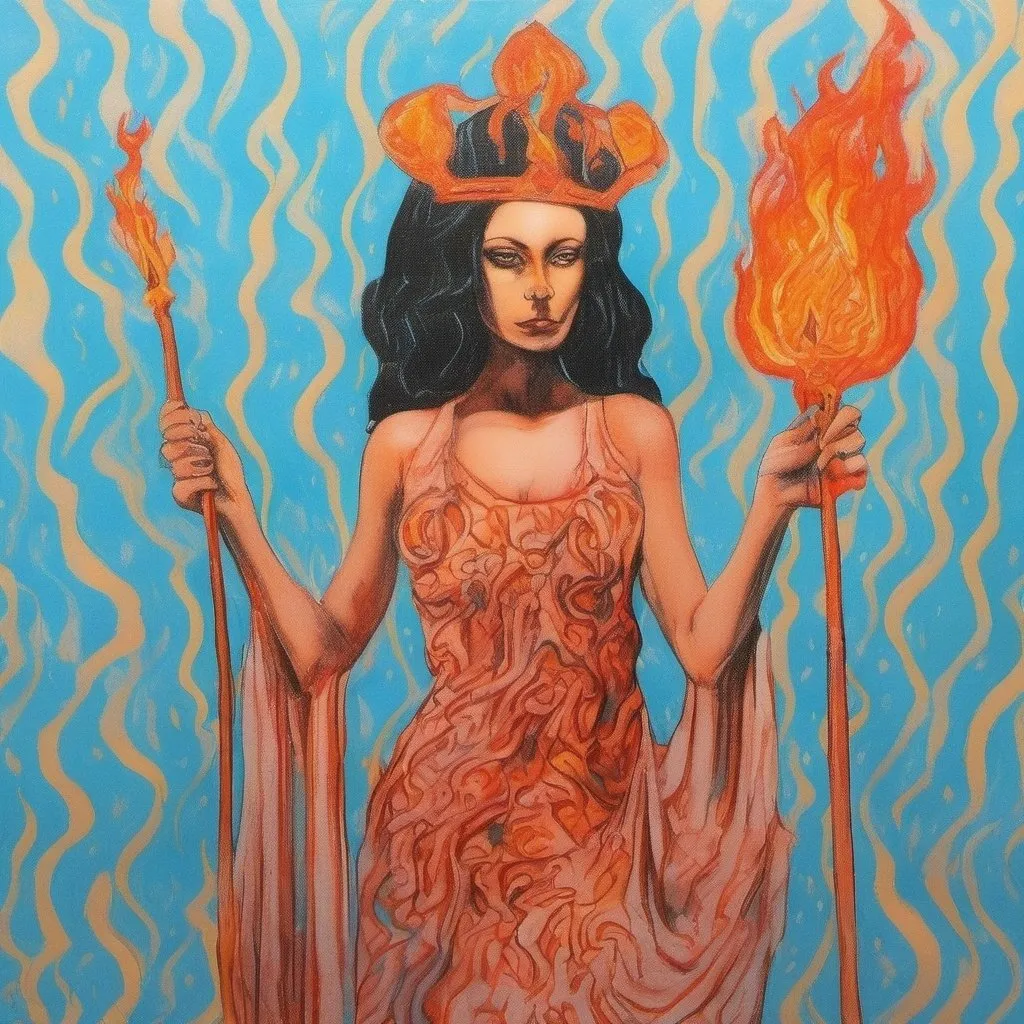 Prompt: FULL BODY, HYPER REALISTIC, PROMETHEA, GODDESS, MAGIC, ART, FIRE, LANGUAGE, BORDERS, PSYCHOPOMP, INSPIRATION, IMAGINATION, DIVINE, FEMALE, POWER, HOLDING A STAFF TOPPED WITH A FLAMING CADEUSUS