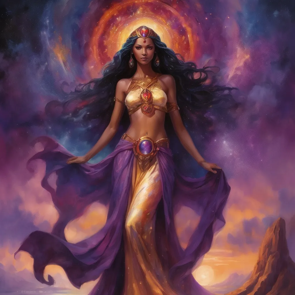 Prompt: Create a stunning, otherworldly depiction of Promethea, a divine, ethereal figure from the mystical realm of imagination. She stands tall, her flowing, radiant gown infused with the colors of a cosmic sunset—deep purples, golds, and fiery reds—shimmering with arcane symbols and celestial patterns. Her eyes glow with the wisdom of ancient gods, and in her hand, she holds a golden caduceus, representing knowledge and magic. Surrounding her is a swirling tapestry of mythical creatures, abstract patterns, and elements from various mythologies—Greek, Egyptian, and beyond—interweaving with the stars and planets of a boundless sky. The background should blend modern cityscapes with the dreamlike world of the Immateria, with bridges of light connecting them. Everything should feel like a fusion of magic and modernity, radiating power, wonder, and mystery."

This captures the essence of Promethea, blending mythology with the infinite imagination and dreamlike qualities central to the story.