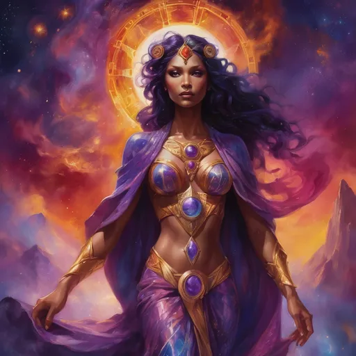 Prompt: Create a stunning, otherworldly depiction of Promethea, a divine, ethereal figure from the mystical realm of imagination. She stands tall, her flowing, radiant gown infused with the colors of a cosmic sunset—deep purples, golds, and fiery reds—shimmering with arcane symbols and celestial patterns. Her eyes glow with the wisdom of ancient gods, and in her hand, she holds a golden caduceus, representing knowledge and magic. Surrounding her is a swirling tapestry of mythical creatures, abstract patterns, and elements from various mythologies—Greek, Egyptian, and beyond—interweaving with the stars and planets of a boundless sky. The background should blend modern cityscapes with the dreamlike world of the Immateria, with bridges of light connecting them. Everything should feel like a fusion of magic and modernity, radiating power, wonder, and mystery."

This captures the essence of Promethea, blending mythology with the infinite imagination and dreamlike qualities central to the story.