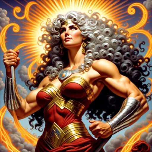 Prompt: <mymodel>PROMETHEA, GODDESS, CURLY SILVER HAIR, MIDDLE AGED, STOCKY, MUSCULAR ARMS