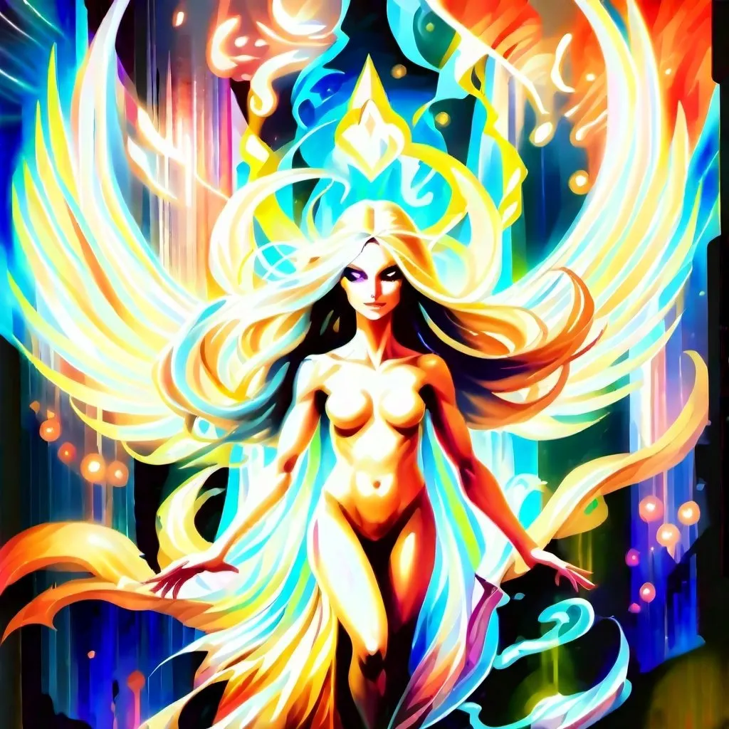 Prompt: Promethea, the goddess with her striking appearance and powerful presence, embodies a combination of beauty, strength, and magic. With her flowing red, gold, silver, and white robes inspired by iconic figures like Medusa and Wonder Woman, she exudes a regal aura. Her muscular arms and wide physique suggest both physical prowess and divine grace, while her staff, burning with purple, blue, and yellow fire, symbolizes her mystical abilities. Promethea represents a captivating mix of femininity and might, a true symbol of myth and wonder.