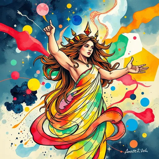 Prompt: Vibrant wallpaper design featuring THE GODDESS OF MAGIC, PROMETHEA, abstract shapes swirling around her, energetic colors in watercolor style, modern interpretation of empowerment, with strong black ballpoint pen outlines, expressive doodles intertwined;8k resolution, highly detailed, artstation, full hd, contemporary art, inviting creativity