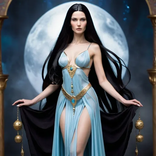 Prompt: Promethea is a powerful and mystifying goddess figure, symbolized by her tall and slender stature, long black hair, and elegant attire. Her ethereal and majestic presence exudes a sense of divine power and enigma, captivating those who worship her.<mymodel>