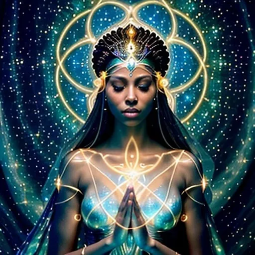 Prompt: What a breathtaking depiction of Promethea, Goddess of Magic! The scene exudes an otherworldly aura, with the translucent fabric on her shoulders and shimmering MOONLIGHT on her DARK skin creating an ethereal glow. The silver patterns on her skin resemble cosmic symbols, hinting at her divine connection to the universe. The CADUESUS-shaped staff, illuminated by mystical light, adds to her regal presence. The stars woven into her hair and the soft, flowing pose only enhance the sense of Enchantment, as if she's stepping out of a celestial realm.