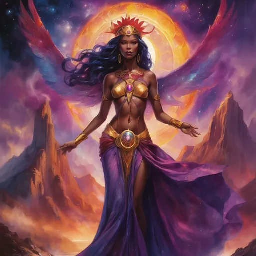 Prompt: Create a stunning, otherworldly depiction of Promethea, a divine, ethereal figure from the mystical realm of imagination. She stands tall, her flowing, radiant gown infused with the colors of a cosmic sunset—deep purples, golds, and fiery reds—shimmering with arcane symbols and celestial patterns. Her eyes glow with the wisdom of ancient gods, and in her hand, she holds a golden caduceus, representing knowledge and magic. Surrounding her is a swirling tapestry of mythical creatures, abstract patterns, and elements from various mythologies—Greek, Egyptian, and beyond—interweaving with the stars and planets of a boundless sky. The background should blend modern cityscapes with the dreamlike world of the Immateria, with bridges of light connecting them. Everything should feel like a fusion of magic and modernity, radiating power, wonder, and mystery."

This captures the essence of Promethea, blending mythology with the infinite imagination and dreamlike qualities central to the story.