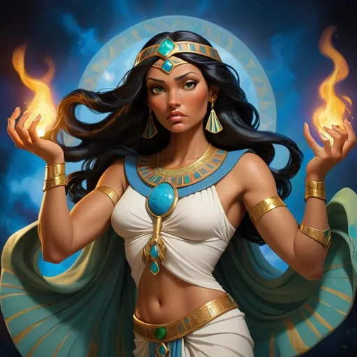 Prompt: Promethea represents a captivating fusion of divine qualities attributed to Goddesses, encompassing magic, art, fire, language, and power. With her Egyptian and Irish heritage, she embodies a unique blend of cultural influences, while her huge thick arms symbolize her immense strength and presence as a formidable female deity.