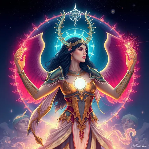 Prompt: Promethea is the embodiment of the imagination, myth, and storytelling. She is a concept and force that exists across different times, taking on various forms through different individuals who become her host.  Promethea is often depicted as a powerful, divine figure with a mythological and ethereal aesthetic. She wears armor-like attire, often adorned with intricate designs and symbols, embodying the mysticism and imagination she represents.