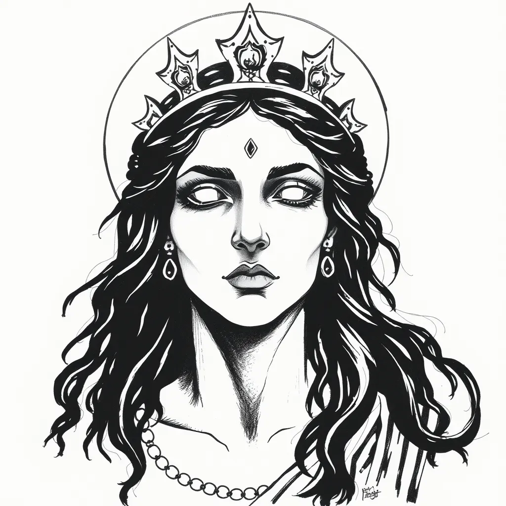 Prompt: BLACK AND WHITE INK PAINTING OF THE FACE OF PROMETHEA THE GODDESS OF MAGIC