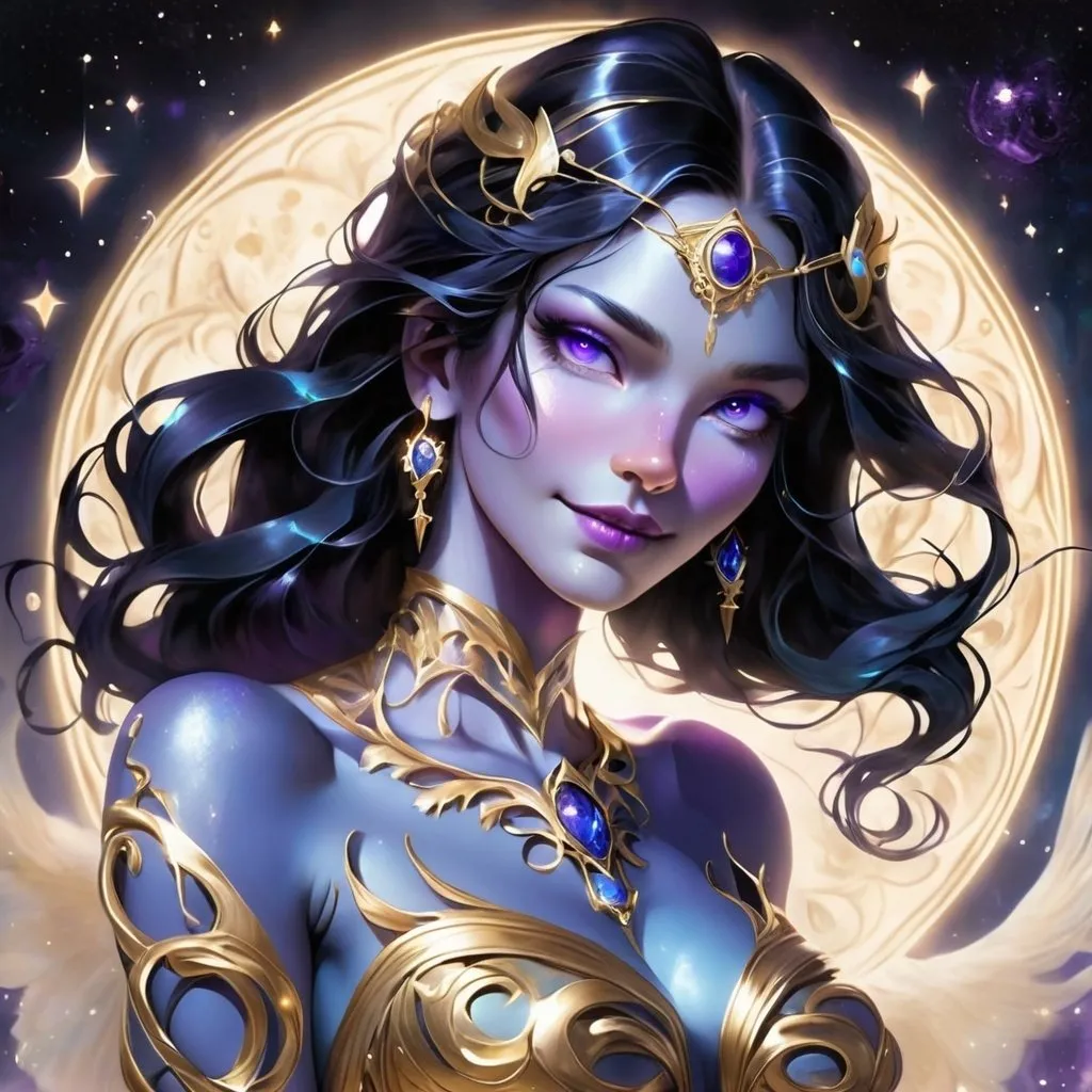 Prompt: Promethea, the magic goddess, is a stunningly beautiful being with a physique that exudes power and elegance. She stands tall at around 5'9" with a lithe yet athletic build, her curves honed from centuries of wielding her magical abilities. Her skin is a radiant porcelain-like complexion with a subtle shimmer, as if infused with the essence of the stars. Her raven-black hair cascades down her back like a waterfall of night, with subtle hints of purple and indigo that seem to shift and change color depending on the light. Her eyes burn with an inner fire, blazing like two sapphires that sparkle with an otherworldly intensity. Her features are chiseled and refined, with high cheekbones, a small nose, and lips that curve into a perpetual enigmatic smile. A delicate filigree of silver and gold adorns her ears, wrists, and throat, pulsing with a soft blue glow that seems to reflect the rhythm of the cosmos. As she moves, her very presence seems to command attention, as if the air itself responds to her magic.
