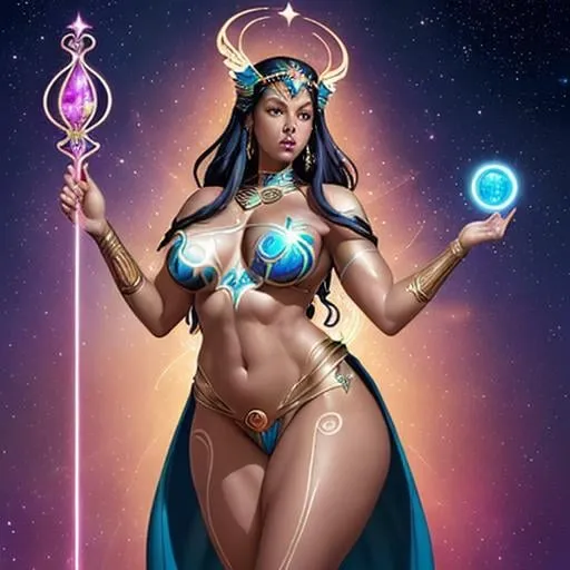 Prompt: Promethea, the magic goddess, is a stunningly beautiful being with a physique that exudes power and elegance. She stands tall at around 5'9" with a lithe yet athletic build, her curves honed from centuries of wielding her magical abilities. Her skin is a radiant porcelain-like complexion with a subtle shimmer, as if infused with the essence of the stars. Her raven-black hair cascades down her back like a waterfall of night, with subtle hints of purple and indigo that seem to shift and change color depending on the light. Her eyes burn with an inner fire, blazing like two sapphires that sparkle with an otherworldly intensity. Her features are chiseled and refined, with high cheekbones, a small nose, and lips that curve into a perpetual enigmatic smile. A delicate filigree of silver and gold adorns her ears, wrists, and throat, pulsing with a soft blue glow that seems to reflect the rhythm of the cosmos. As she moves, her very presence seems to command attention, as if the air itself responds to her magic.
