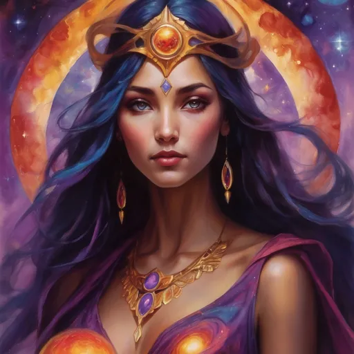 Prompt: Create a stunning, otherworldly depiction of Promethea, a divine, ethereal figure from the mystical realm of imagination. She stands tall, her flowing, radiant gown infused with the colors of a cosmic sunset—deep purples, golds, and fiery reds—shimmering with arcane symbols and celestial patterns. Her eyes glow with the wisdom of ancient gods, and in her hand, she holds a golden caduceus, representing knowledge and magic. Surrounding her is a swirling tapestry of mythical creatures, abstract patterns, and elements from various mythologies—Greek, Egyptian, and beyond—interweaving with the stars and planets of a boundless sky. The background should blend modern cityscapes with the dreamlike world of the Immateria, with bridges of light connecting them. Everything should feel like a fusion of magic and modernity, radiating power, wonder, and mystery."

This captures the essence of Promethea, blending mythology with the infinite imagination and dreamlike qualities central to the story.