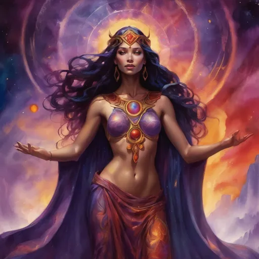 Prompt: Create a stunning, otherworldly depiction of Promethea, a divine, ethereal figure from the mystical realm of imagination. She stands tall, her flowing, radiant gown infused with the colors of a cosmic sunset—deep purples, golds, and fiery reds—shimmering with arcane symbols and celestial patterns. Her eyes glow with the wisdom of ancient gods, and in her hand, she holds a golden caduceus, representing knowledge and magic. Surrounding her is a swirling tapestry of mythical creatures, abstract patterns, and elements from various mythologies—Greek, Egyptian, and beyond—interweaving with the stars and planets of a boundless sky. The background should blend modern cityscapes with the dreamlike world of the Immateria, with bridges of light connecting them. Everything should feel like a fusion of magic and modernity, radiating power, wonder, and mystery."

This captures the essence of Promethea, blending mythology with the infinite imagination and dreamlike qualities central to the story.