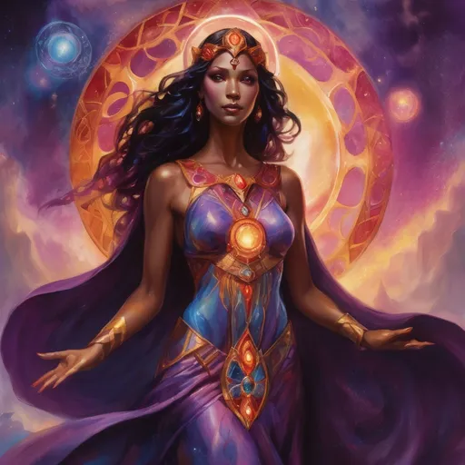 Prompt: Create a stunning, otherworldly depiction of Promethea, a divine, ethereal figure from the mystical realm of imagination. She stands tall, her flowing, radiant gown infused with the colors of a cosmic sunset—deep purples, golds, and fiery reds—shimmering with arcane symbols and celestial patterns. Her eyes glow with the wisdom of ancient gods, and in her hand, she holds a golden caduceus, representing knowledge and magic. Surrounding her is a swirling tapestry of mythical creatures, abstract patterns, and elements from various mythologies—Greek, Egyptian, and beyond—interweaving with the stars and planets of a boundless sky. The background should blend modern cityscapes with the dreamlike world of the Immateria, with bridges of light connecting them. Everything should feel like a fusion of magic and modernity, radiating power, wonder, and mystery."

This captures the essence of Promethea, blending mythology with the infinite imagination and dreamlike qualities central to the story.