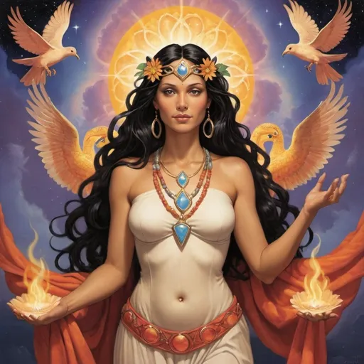 Prompt: Promethea embodies a multitude of divine qualities, including magic, art, fire, language, and inspiration. As a goddess, she represents the power of the female divine and serves as a psychopomp, bridging the borders between the physical and spiritual realms. Through her connection to the realms of imagination and creativity, Promethea serves as a beacon of inspiration, guiding others towards their own inner power and divine potential.