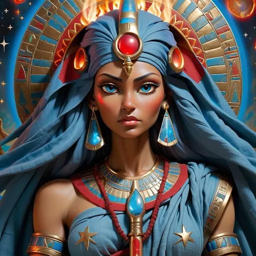 Prompt: a striking representation of a powerful and mystical figure embodying elements of goddess symbolism, warrior spirit, and divine inspiration. The blend of Egyptian art influences and motifs from astrology and mythology creates a rich tapestry of symbolism related to communication, magic, and strength. The details of the blue linen robes, bronze armor with red trim, and the glowing staff add depth to the character, suggesting a being of great wisdom and power. The imagery of wings, stars, and holy fire further accentuates the aura of mysticism and otherworldly presence, inviting contemplation on the various themes and attributes associated with the concept of divine feminine energy.